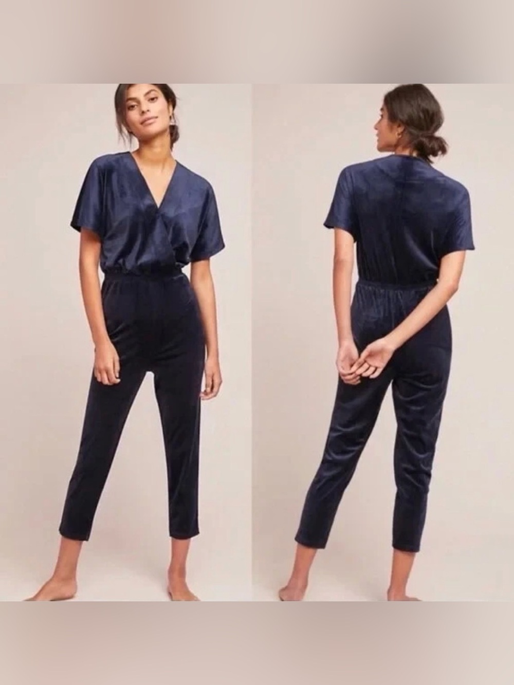 Anthropologie Saturday Sunday Velvet Cross Front Jumpsuit Navy Blue Large